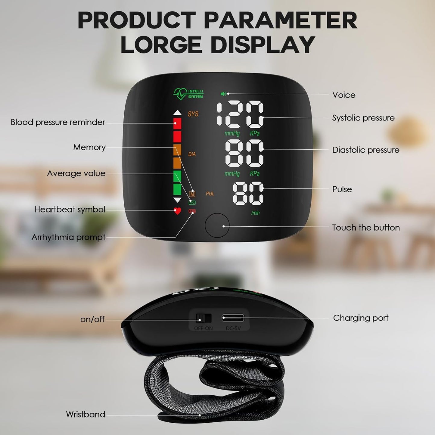 Tensiomètre de poignet avec écran tactile LED – Brassard de tension artérielle réglable de 13,5 cm à 19,3 cm, moniteur de poignet rechargeable avec mémoire de lecture de 99 x 2 et étui de transport