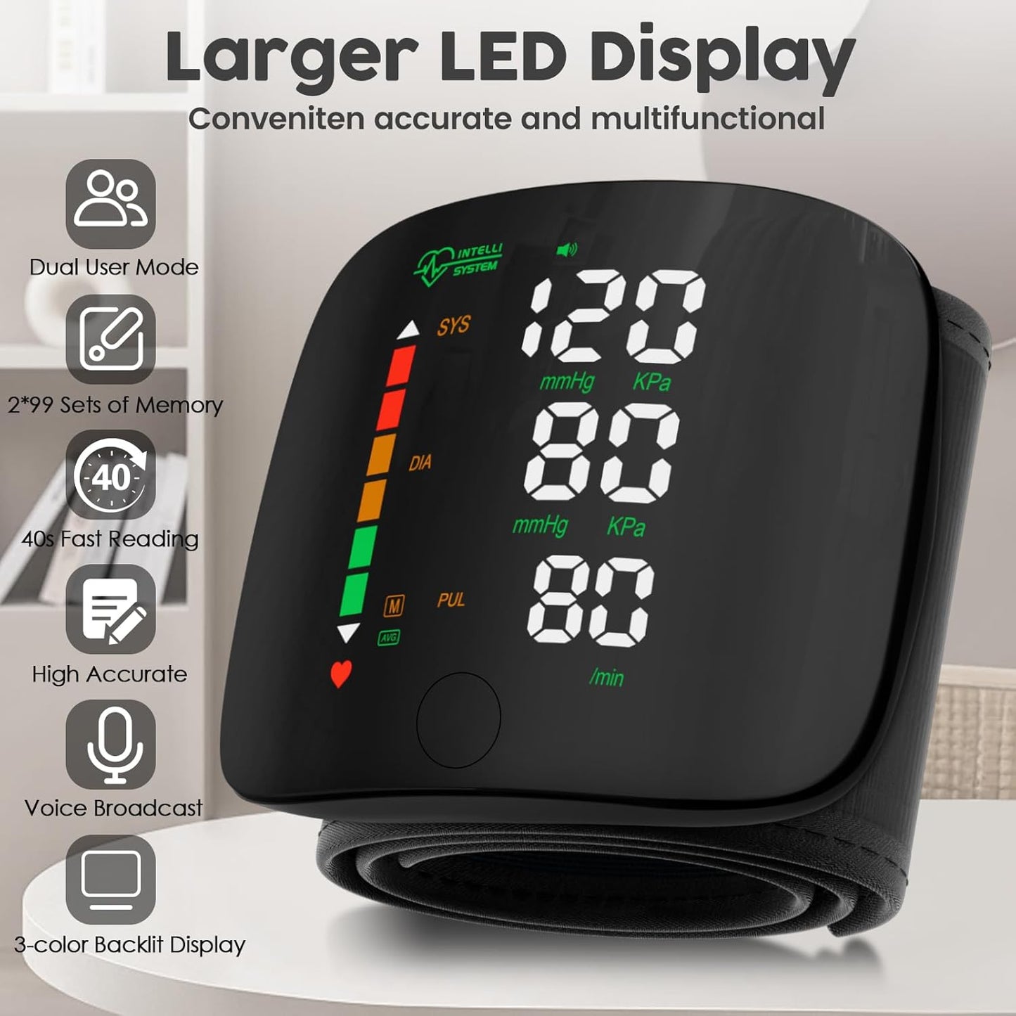 Tensiomètre de poignet avec écran tactile LED – Brassard de tension artérielle réglable de 13,5 cm à 19,3 cm, moniteur de poignet rechargeable avec mémoire de lecture de 99 x 2 et étui de transport