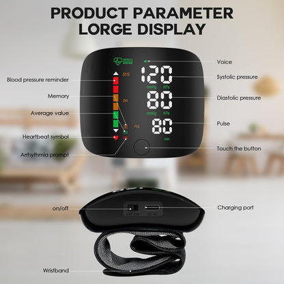 Tensiomètre de poignet avec écran tactile LED – Brassard de tension artérielle réglable de 13,5 cm à 19,3 cm, moniteur de poignet rechargeable avec mémoire de lecture de 99 x 2 et étui de transport