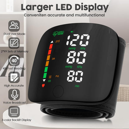 Tensiomètre de poignet avec écran tactile LED – Brassard de tension artérielle réglable de 13,5 cm à 19,3 cm, moniteur de poignet rechargeable avec mémoire de lecture de 99 x 2 et étui de transport